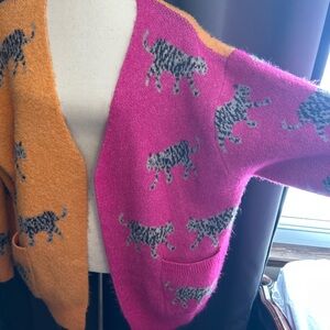 BiBi Colorblock Leopard Cat Cardigan | Pink & Orange XL